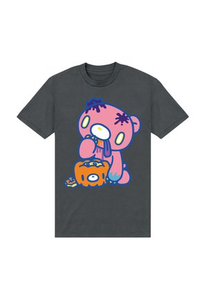 Mørkegrå T-shirt med en tegneserie pink bjørn med gule øjne, der spiser fra en udskåret orange græskar.