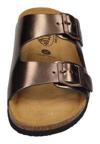 Bronze metallic slide sandal with two adjustable buckles, cork footbed, and a textured memory cushion insole. Smooth surface and open design.