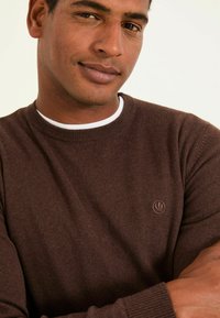 Brauner Strickpullover mit einem gerippten Hals- und Bündchenabschluss. Verfügt über ein dezentes Logo, das auf der Brust gestickt ist. Weicher Textur, mittelschwerer Stoff.