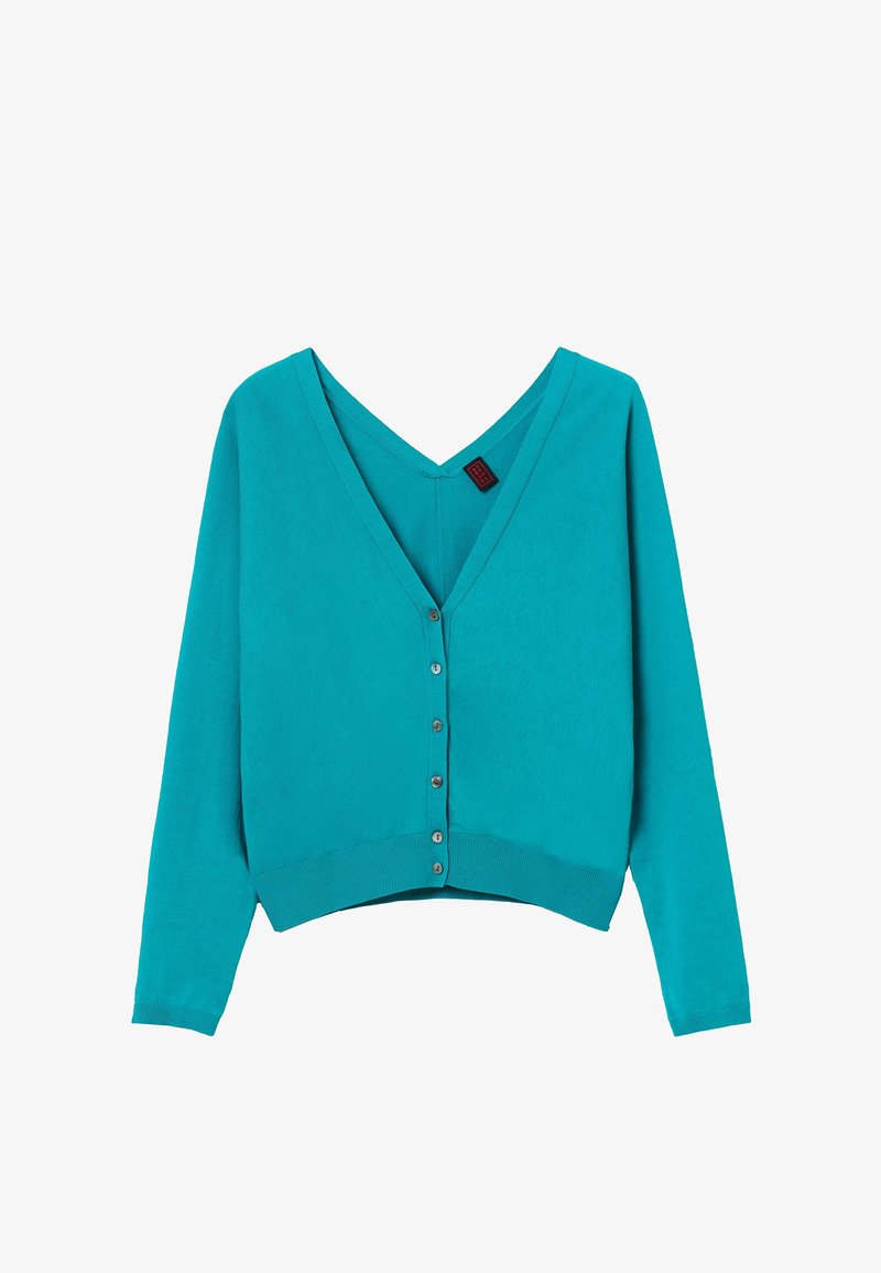 Cardigan corto color teal con maniche lunghe, scollatura a V e sei bottoni sul davanti. Tessuto morbido con una texture liscia.