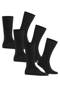 Sorte sokker sæt med seks par, lavet af en bomuldsblanding, knæhøjt design med ribbede toppe og forstærket hæl og tå for holdbarhed.
