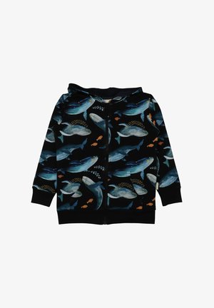 Black zip-up hoodie featuring blue and teal whales, fish, and aquatic patterns. Made from soft fabric with a kangaroo pocket and hood.