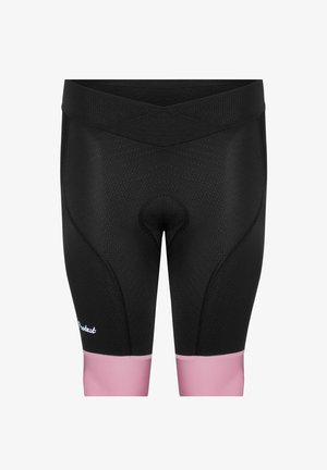 Mustat pyöräilyshortsit, joissa on teksturoitu pinta, pinkki alareuna ja X-muotoinen vyötärönauha, joka pitää ne hyvin paikoillaan. Logo vasemmalla puolella.
