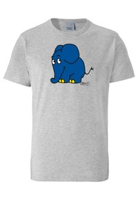 Gray cotton t-shirt featuring a cartoon blue elephant with yellow feet and a smiling expression, positioned on the front.