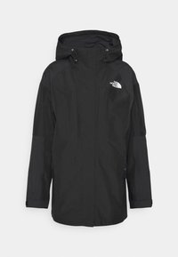 Czarna wodoodporna kurtka z kapturem, kieszeniami na zamek i logo. Wykonana z trwałej, gładkiej tkaniny o luźnym kroju.