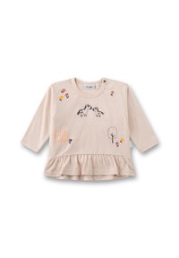 Helles rosa Langarmshirt mit gerüschtem Saum, das bestickte Pferde, Blumen, einen Baum und ein Haus in verschiedenen Farben zeigt.