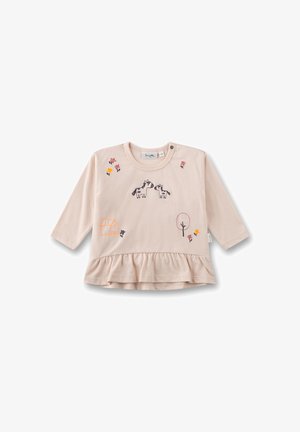 Helles rosa Langarmshirt mit gerüschtem Saum, das bestickte Pferde, Blumen, einen Baum und ein Haus in verschiedenen Farben zeigt.