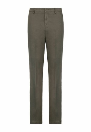 Pantalons ajustés vert olive en tissu mélangé coton. Comprend deux plis avant, une fermeture éclair et une coupe droite.