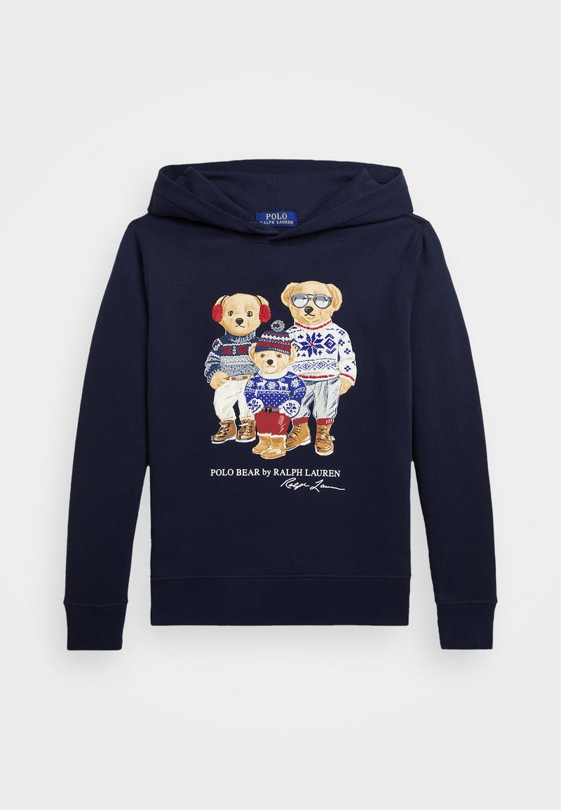 Námořnická modrá mikina s kapucí s předním potiskem tří medvědů v zimních svetrech. Obsahuje klokanskou kapsu a stahovací kapuci.