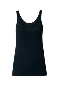 Černý top bez rukávů vyrobený z lehkého materiálu. Má zaoblený výstřih a úzké ramínka, s hladkým povrchem a čistými okraji.