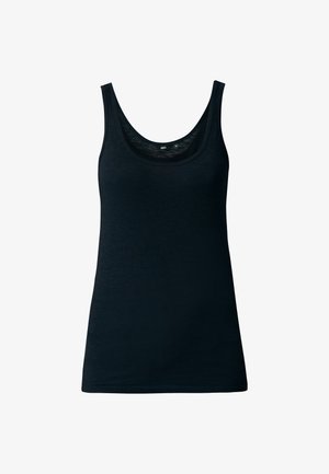 Czarny top na ramiączkach wykonany z lekkiego materiału. Posiada okrągły dekolt i wąskie ramiączka, z gładką teksturą i czystymi krawędziami.