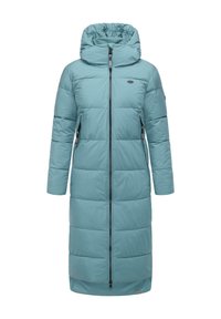 Polstret lang frakk i lys teal, med glidelås foran, snorhette, sidelommer og elastiske mansjetter. Glatt, lett polyester materiale.