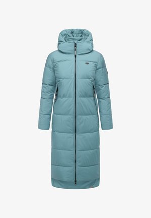 Długa pikowana kurtka w jasnym odcieniu teal, posiada zamek błyskawiczny z przodu, regulowany kaptur, boczne kieszenie oraz elastyczne mankiety. Gładki, lekki materiał poliestrowy.