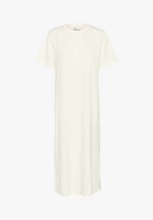 Balta, trumpų rankovių suknelė, pagaminta iš minkštos medžiagos, su laisvu siluetu, šonine iškirpte ir apvalia iškirpte. Paprastas, minimalistinis siluetas.