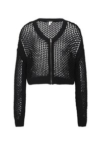 Schwarze, kurze Strickjacke mit großem Lochmuster, langen Ärmeln, einem V-Ausschnitt und einem Reißverschluss vorne. Strukturierter Strickstoff.