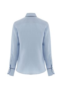 Light blue long-sleeve shirt made from smooth fabric, featuring a pointed collar and buttoned cuffs with contrasting trim details.