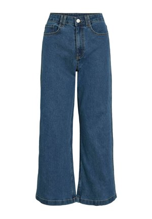 Blugi din denim albastru, cu talie înaltă și croială largă, cu nasture în față, fermoar și design cu cinci buzunare, expuși pe un fundal alb.