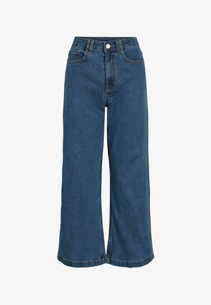 Blå høytlivs vide jeans i denim med frontknapp, glidelås og fem-lommers design, vist mot en hvit bakgrunn.