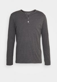 Graues Langarm-Henley-Shirt aus weicher Baumwolle, mit Rundhalsausschnitt, dreiknöpfiger Knopfleiste und glatter Textur.