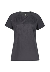 Mörkgrå kortärmad t-shirt gjord av ett slätt material; har en texturerad, tonad design på framsidan och en rund halsringning.