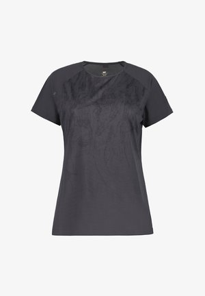 Camiseta de manga corta en gris oscuro, fabricada con una tela suave; presenta un diseño texturizado y tonal en la parte frontal y un cuello redondo.