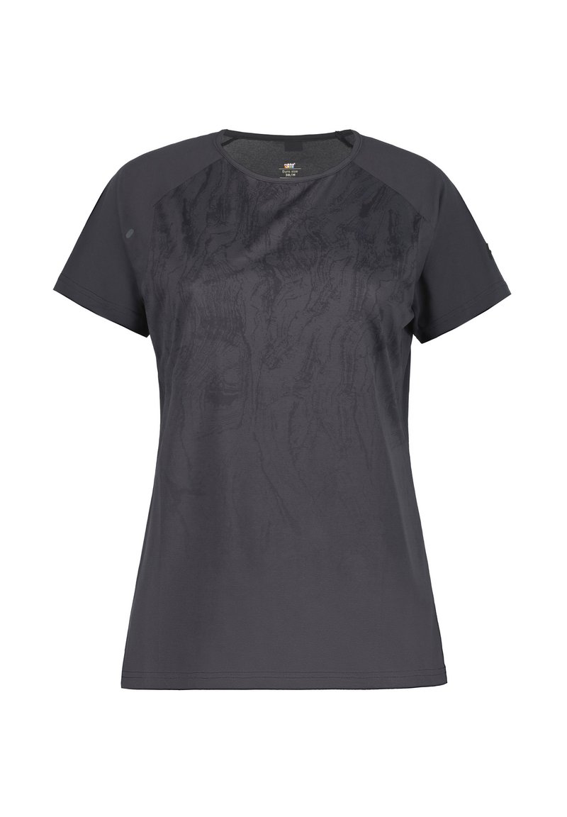 Mörkgrå kortärmad t-shirt gjord av ett slätt material; har en texturerad, tonad design på framsidan och en rund halsringning.