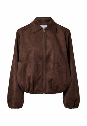 Veste zippée en daim marron avec un large col, manches longues, taille élastiquée et poches latérales.