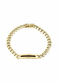 Bracciale in oro con maglie intrecciate e una placca rettangolare centrale con un accento nero. Completato da una chiusura sicura.