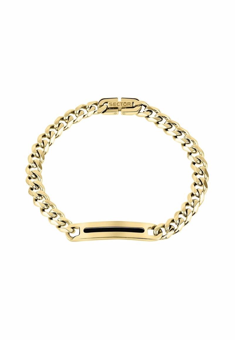 Bracciale in oro con maglie intrecciate e una placca rettangolare centrale con un accento nero. Completato da una chiusura sicura.
