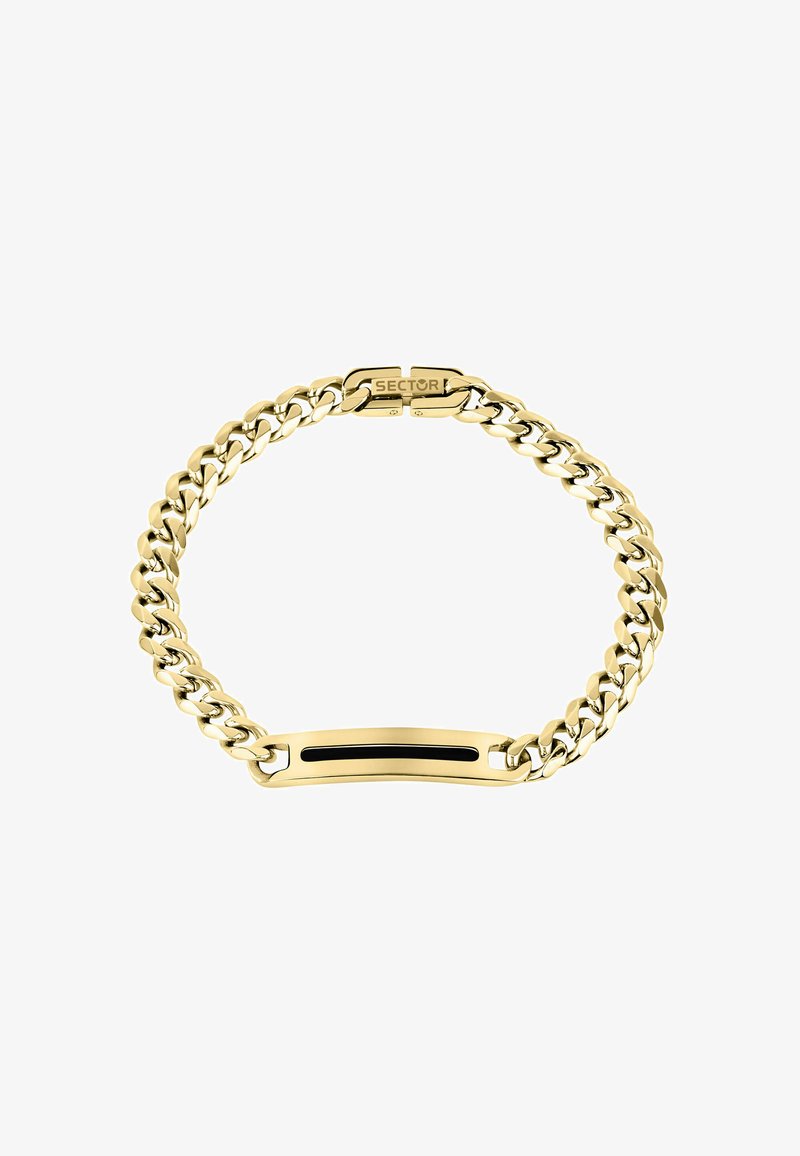 Bracciale in oro con maglie intrecciate e una placca rettangolare centrale con un accento nero. Completato da una chiusura sicura.