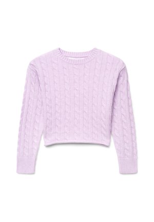 Maglione lavorato a maglia viola chiaro con motivo a trecce, maniche lunghe, polsini a coste e scollo rotondo, mostrato disteso su sfondo bianco.