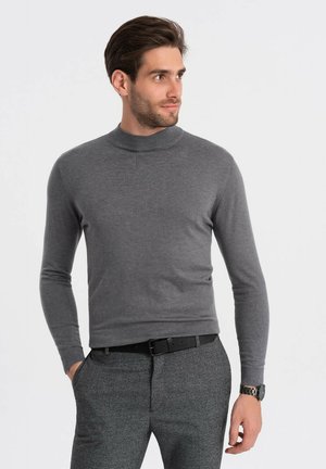 Maglione a collo alto grigio a maniche lunghe in una fine texture a coste, abbinato a pantaloni a fantasia. Design semplice con una silhouette slanciata.