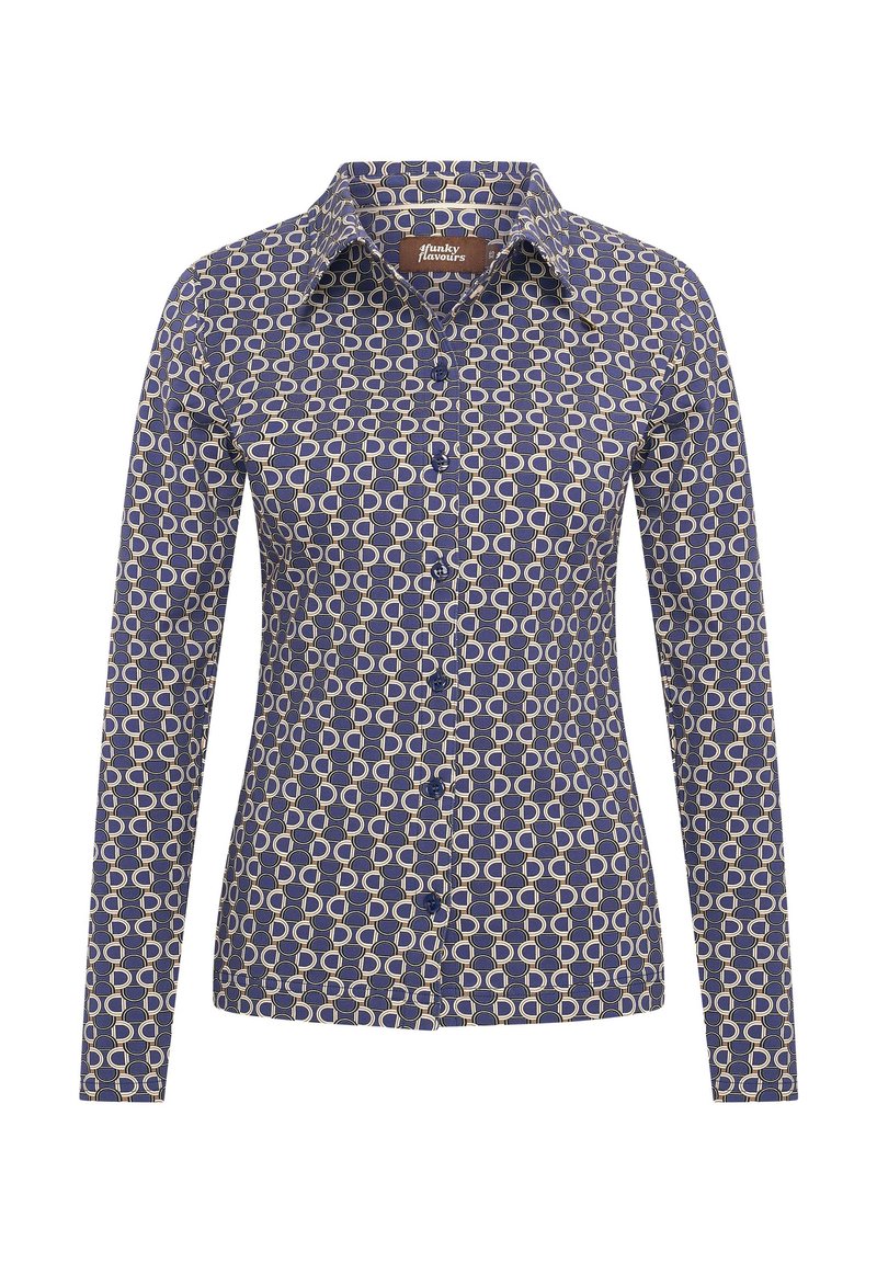 Camisa de manga larga con fondo azul marino y un patrón circular en crema y verde oliva. Cuello abotonado y cierre frontal con botones.