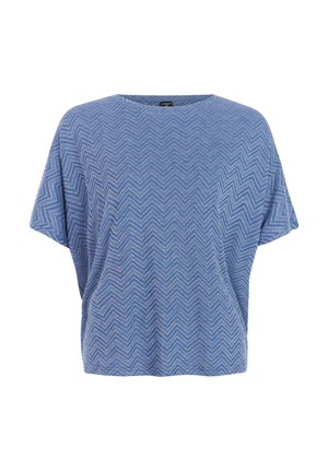 Blauw top met korte mouwen, ruime pasvorm en zigzagpatroon in verschillende tinten blauw.