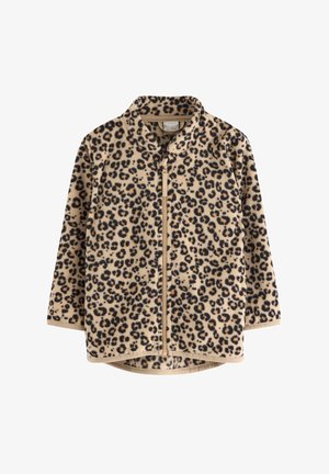 Giacca in pile con stampa leopardata, base beige e macchie nere. Presenta un collo a stand e maniche lunghe con orlo dritto.