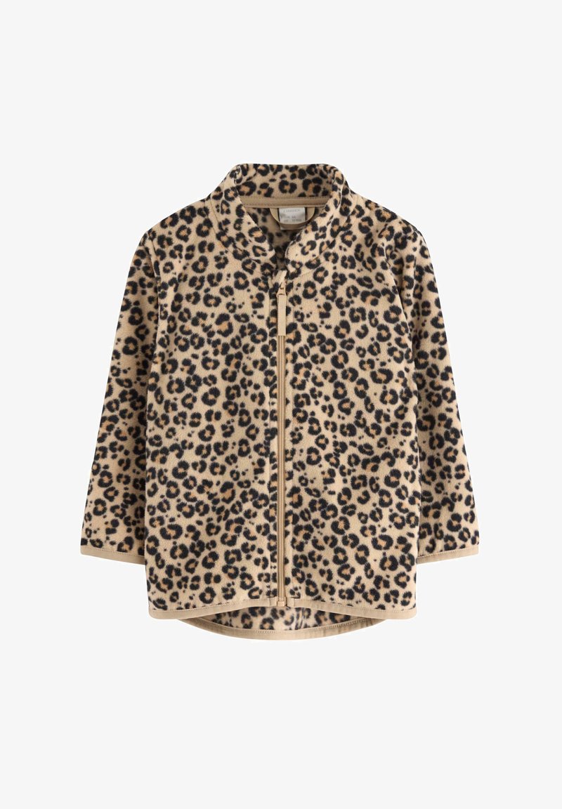 Leopardmuster-Fleecejacke mit Reißverschluss vorne, beigem Grundton und schwarzen Flecken. Mit Stehkragen und langen Ärmeln sowie geradem Saum.
