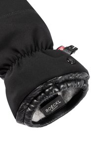 Schwarze Winterhandschuhe mit einem weichen Stoffäußeren, Lederbesatz, elastischem Zugband am Handgelenk und einem Etikett mit dem Markennamen "ROECKL."