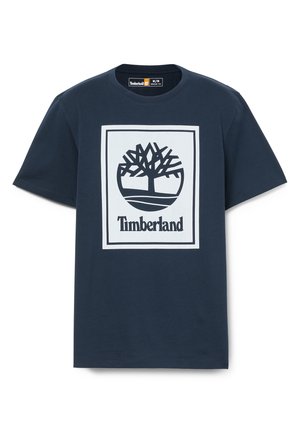 Navyblaues Baumwoll-T-Shirt mit einem weißen Grafikbaum-Logo und dem Text "Timberland" in fettem Schwarz, Rundhalsausschnitt, kurze Ärmel.