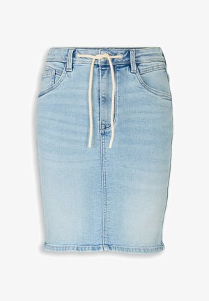 Hellblauer Jeansrock mit Fronttaschen, Gürtelschlaufen und einem weißen Kordelzug am Bund, gerader Schnitt und über knielang.