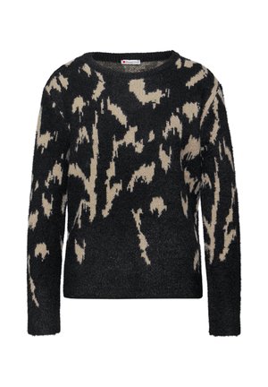 Maglione nero e beige con una texture soffice, caratterizzato da un motivo astratto. Collo rotondo e maniche lunghe.