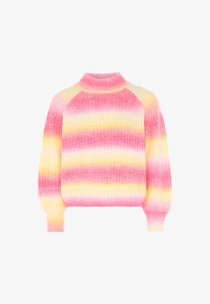 Chunky gebreide pullover met een hoge halslijn, voorzien van horizontale strepen in roze en geel. Relaxte pasvorm met rib gebreide manchetten en zoom.