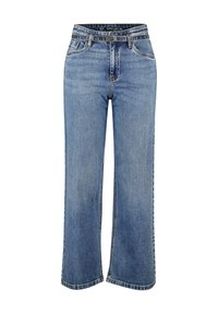 Jeans en denim bleu à jambes larges avec ceinture, poches avant et fermeture à bouton en taille 40.