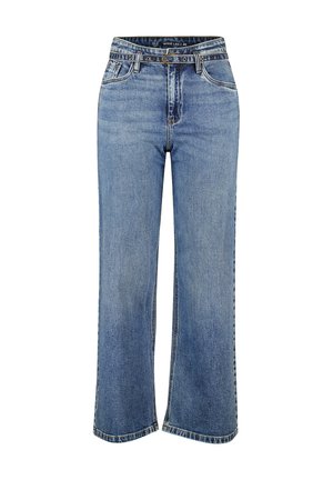 Jeans en denim bleu à jambes larges avec ceinture, poches avant et fermeture à bouton en taille 40.