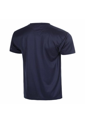 Marineblaue Kurzarm-T-Shirt mit Rundhalsausschnitt, Rückansicht, aus leichtem, atmungsaktivem Stoff.
