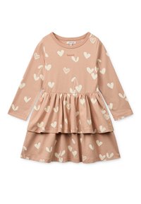 Φόρεμα με μακριά μανίκια σε απαλό ροζ ύφασμα, διακοσμημένο με σχέδια σε σχήμα κρεμ καρδιών, με πολυεπίπεδη φούστα για ένα παιχνιδιάρικο σιλουέτα.