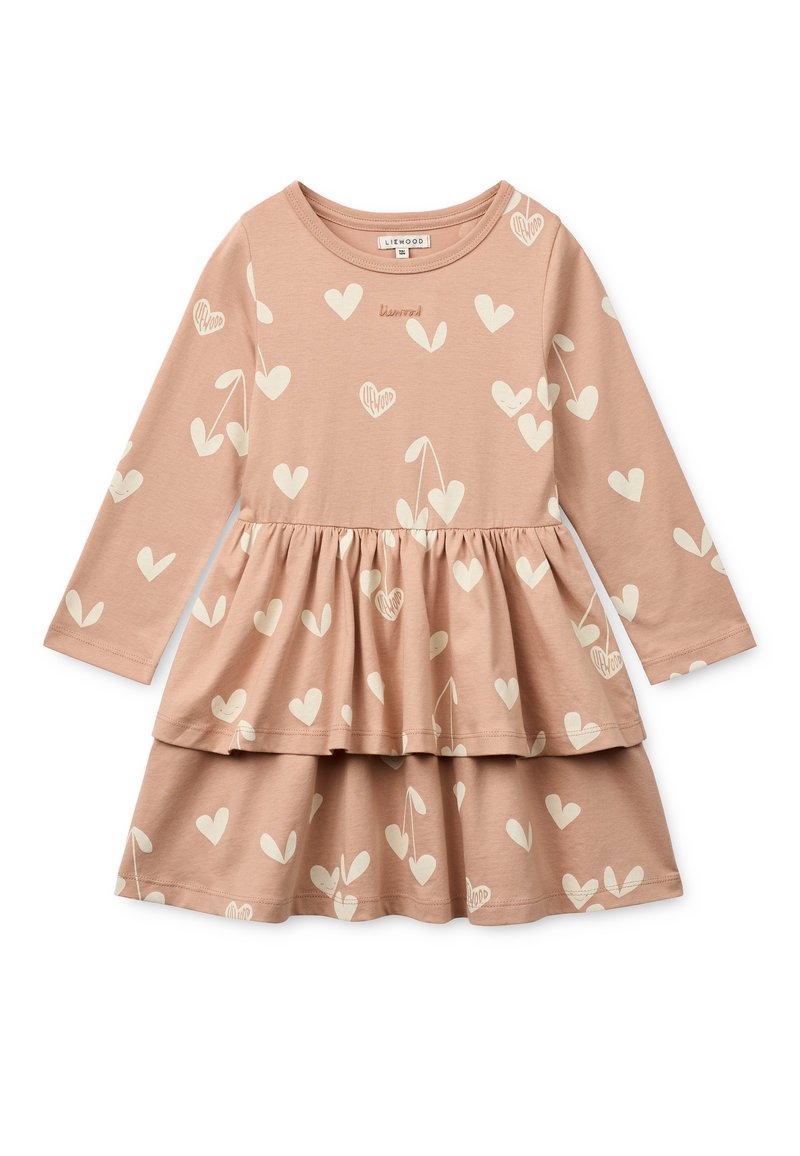 Φόρεμα με μακριά μανίκια σε απαλό ροζ ύφασμα, διακοσμημένο με σχέδια σε σχήμα κρεμ καρδιών, με πολυεπίπεδη φούστα για ένα παιχνιδιάρικο σιλουέτα.