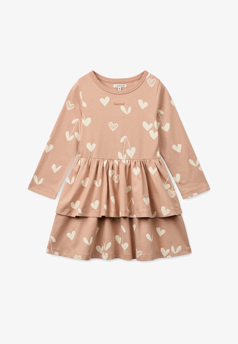 Φόρεμα με μακριά μανίκια σε απαλό ροζ ύφασμα, διακοσμημένο με σχέδια σε σχήμα κρεμ καρδιών, με πολυεπίπεδη φούστα για ένα παιχνιδιάρικο σιλουέτα.