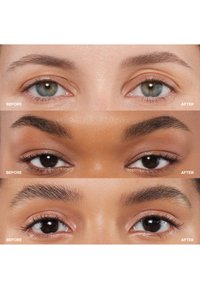 Tres conjuntos de ojos que muestran una transformación de "antes" y "después". Diferentes formas de ojos, colores, longitud de pestañas y cejas definidas. Textura de piel clara.