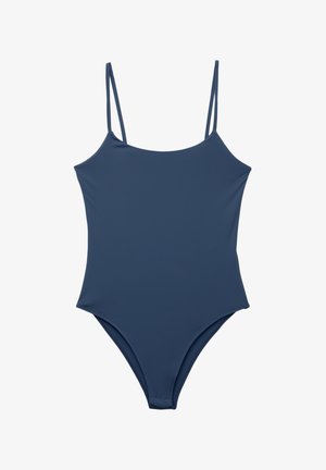 One-piece swimsuit in dark blue with thin straps, a high-cut leg design, and a smooth, ribbed texture. No patterns or additional details.