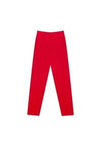 Red tailored pants with a sleek design, featuring a flat front, side pockets, and a straight leg cut. Smooth fabric texture.